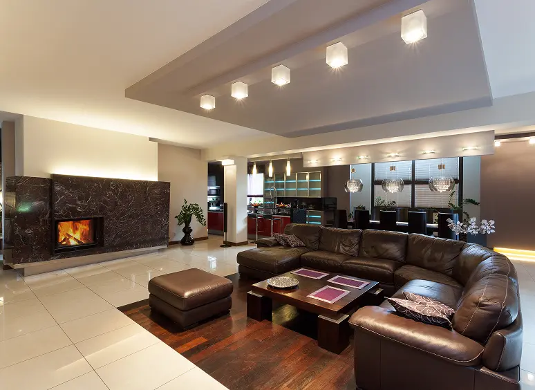 Modern living room with fireplace and sectional