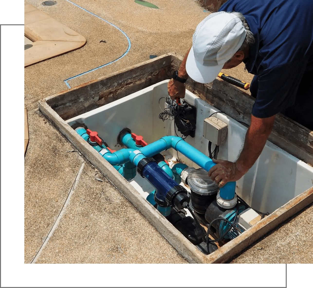 Person maintaining pool filtration setup